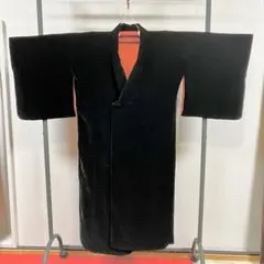 黒ベルベット和装コート/へちま衿 赤い裏地ビロードアンティーク着物コート茶道礼装