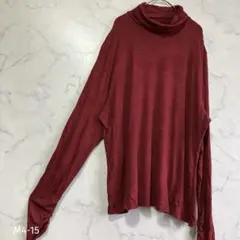 タートルネックリブトップス3L ワインレッドオーバーサイズ長袖 赤 薄手