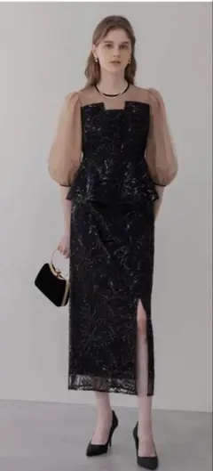 LEJA】シアーパフスリーブペプラムスパンコール花柄Iラインドレス