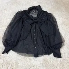 Bibiyリボン シアー ブラウス 黒 ドットジャガード ボウタイ 