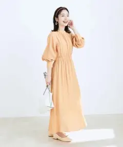 VIS ランダムプリーツ加工スタンドネックワンピース