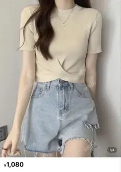 SHEIN リブ編　アイボリー半袖トップス