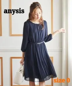 anysis フェミニンプリーツワンピース 七分袖 ひざ丈 ネイビー 0