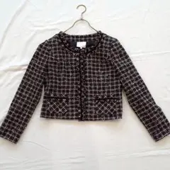 【タグ付 未使用】ノーカラー ツイード チェックジャケット 11号