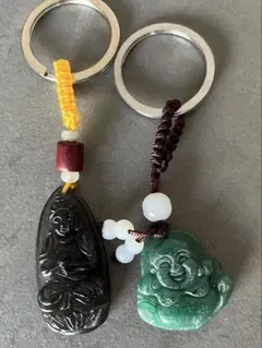 天然石　キーホルダー　2個セット　翡翠　き黒曜石