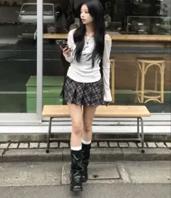 emmy レトロチェックプリーツミニスカパン 韓国