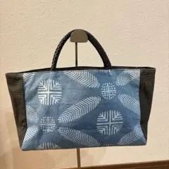 【美品】中川政七商店 トートバッグ ハンドバッグ 藍染風 総柄 キャンバス 本革
