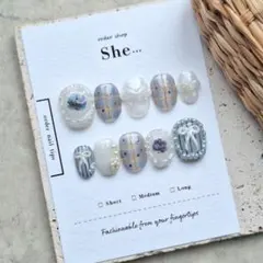 764 ガーリーネイル 落書き チェック 韓国 リボン 個性派 淡色 ニュアンス