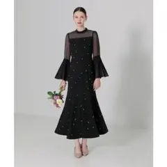 完売品 パールビジュー 透け感プリーツ マーメイド ドレス 黒 ブラック S