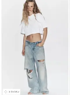 限定値下げ！ZARA♡TRF ミッドライズ折り返しウエストデニムパンツのサムネイル