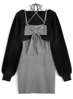 GRL シャギーボレロ×ホルタ-ネックリボンミニワンピースアンサンブル