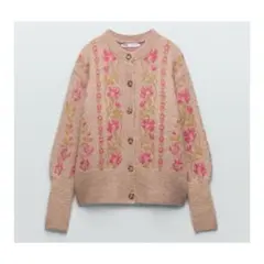ZARA フラワー ジャガード ニットカーディガン コットン混 厚手 花柄 S