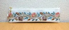 横長フラットポーチ インド刺繍リボン×合皮×スケルトン ペンケース