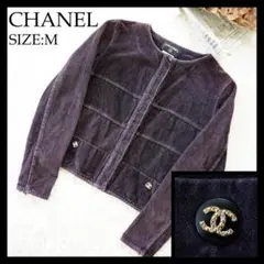 【良品】CHANEL　シャネル　ココマークボタンベルベットノーカラージャケット