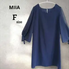 MIIA ミーア シフォン切替 ワンピース ネイビー F 7分袖