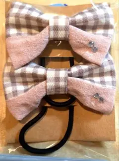 ハンドメイド チェック柄ピンクリボンヘアゴム 2個セットno.68