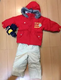 ベビー·子供用スキーウェアセット 90cm（赤ジャケット・パンツ・手袋）