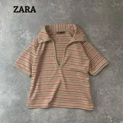 美品 ザラ ZARA カットソー ボーダー スキッパー ポロシャツ サマーニット