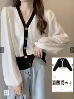 オフホワイト シフォンスリーブ配色ニットトップス