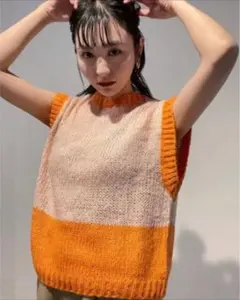 秋インポートハイネックニットノースリーブ　オレンジタンクトップバイカラー