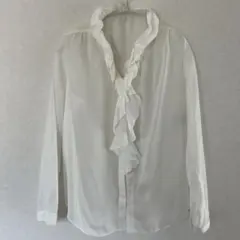 レディース　コムサイズム　フリル付きホワイト長袖ブラウス　L