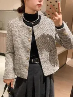 秋冬必見⭐ショートジャケット エレガントなストライプ柄スリムフィット