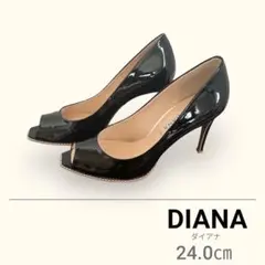 ダイアナ　DIANA スタッズ付き　オープントゥ　パンプス　24㎝ 黒 エナメル