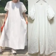 junoah ボリュームスリーブフレアマキシ丈ワンピース　L ホワイト　Aライン