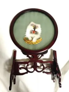 中国伝統工芸 蘇州刺繍 両面刺繍 卓上置物 額装 ネコ 猫 縁起物 骨董 古美術
