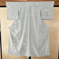 訪問着 ライトグレー 七五三 正絹 友禅染 絞り 花 中古 丹後ちりめん