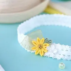 【夏限定】ひまわり×ちりめん　ベビーヘアバンド　赤ちゃん髪飾り　甚平・夏祭りに