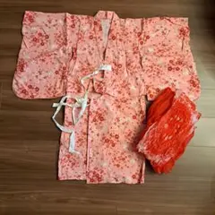 ピンク花柄浴衣と帯セット　110cm
