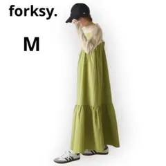 【美品】forksy.ストライプジャガードギャザーヘム切り替えキャミワンピースM