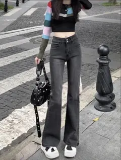 shein ブラック フレアデニムパンツ