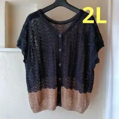 レース編み 半袖カーディガン ブラック・ベージュ　フレンチスリーブ