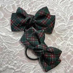 クリスマスチェック柄リボンヘアゴムセット