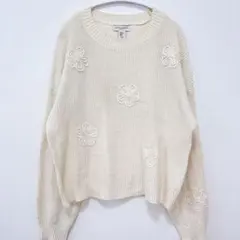 ローラアシュレイ 花柄 クルーネック ニット XL 生成 綿 冬 白 クリームのサムネイル