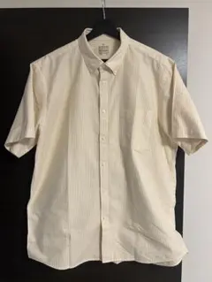 MUJI ネット限定サイズXXL 半袖ボタンダウンシャツ 白×黄ストライプ