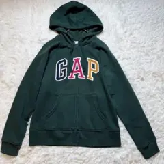 美品 GAP ギャップ ジップアップ ロゴ刺繍 フード付きパーカー グリーンのサムネイル
