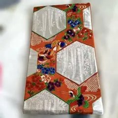 リメイク アンティーク 袋帯 おしどり 藤の花菊花 亀甲文 刺繍 オレンジ