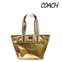 『訳あり』COACH ナイロントートバッグ ゴールド ピンクライン 軽量 A4