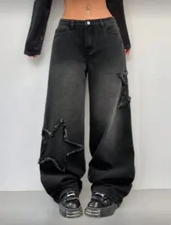 ブラックデニム ワイドレッグパンツ y2k 韓国　ジーンズ