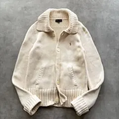 ラルフローレン リブ編み 襟付き ニット カーディガン ロゴ刺繍 アイボリー S