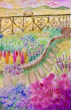 みみ様専用水彩画 夕方のデイジーが咲く庭　値段は700円です