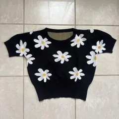 花柄 短袖針織衫 黑色