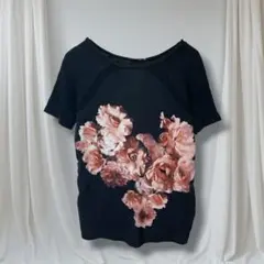 ZARA 花柄プリント 半袖カットソー 透け感 フラワー ラグラン 黒 S 春夏