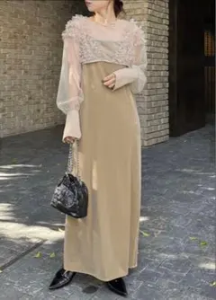 CAPRICIEUX LE'MAGE チュールフリルベロアワンピース ベージュ