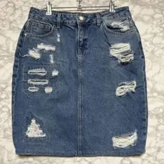 ZARA basic デニムダメージタイトスカート インディゴ L