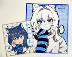 手描きイラスト オリジナル アナログイラスト 色紙2点セット