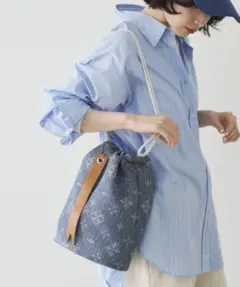 【新品タグ付】ラシット デニムジャガード 3WAY 巾着バッグ インディゴブルー